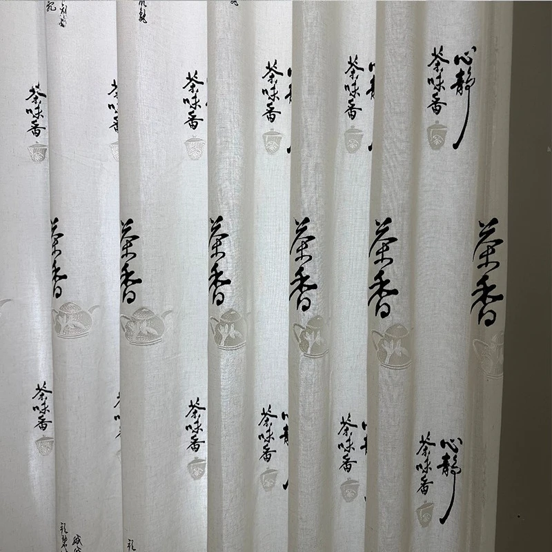 New Chinese Calligraphy Embroidery White Screen Window Screen Curtains for Living Room Balcony Tea Room Study Floor Screen