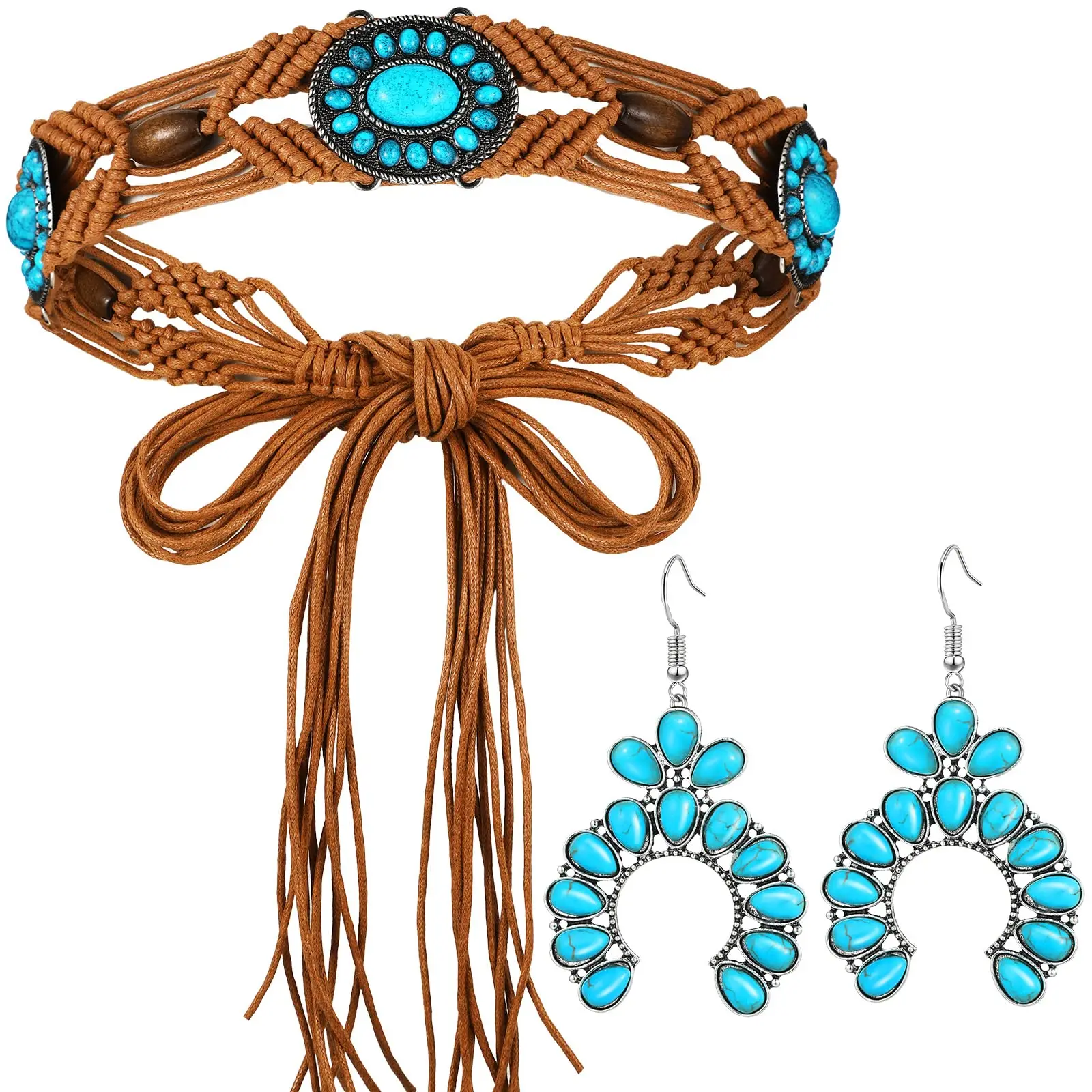 

2 pieces of turquoise braided belts, bohemian woven belts and turquoise jewelry, western beaded women's earrings