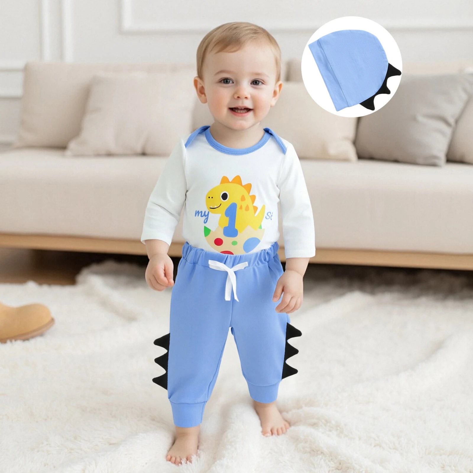 ملابس خريفية للأطفال الأولاد مطبوع عليها حروف ديناصور وأكمام طويلة وسراويل طويلة وقبعة مكونة من 3 قطع لزي عيد الميلاد #3