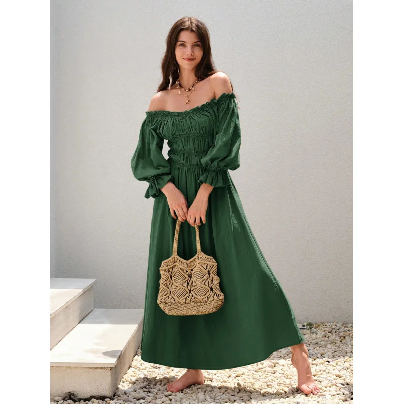 Vintage Artistic Off-Shoulder Bust-Wrapped Lantern Sleeve Long Sleeve Flared Long Dress