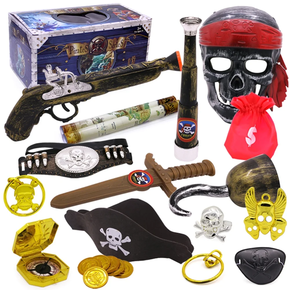 

21pcs/set Halloween Pirate Cosplay Set Swords Compasses Daggers Masks Clothes Hats Binoculars Medals Gold Coins Dress Up Prop
