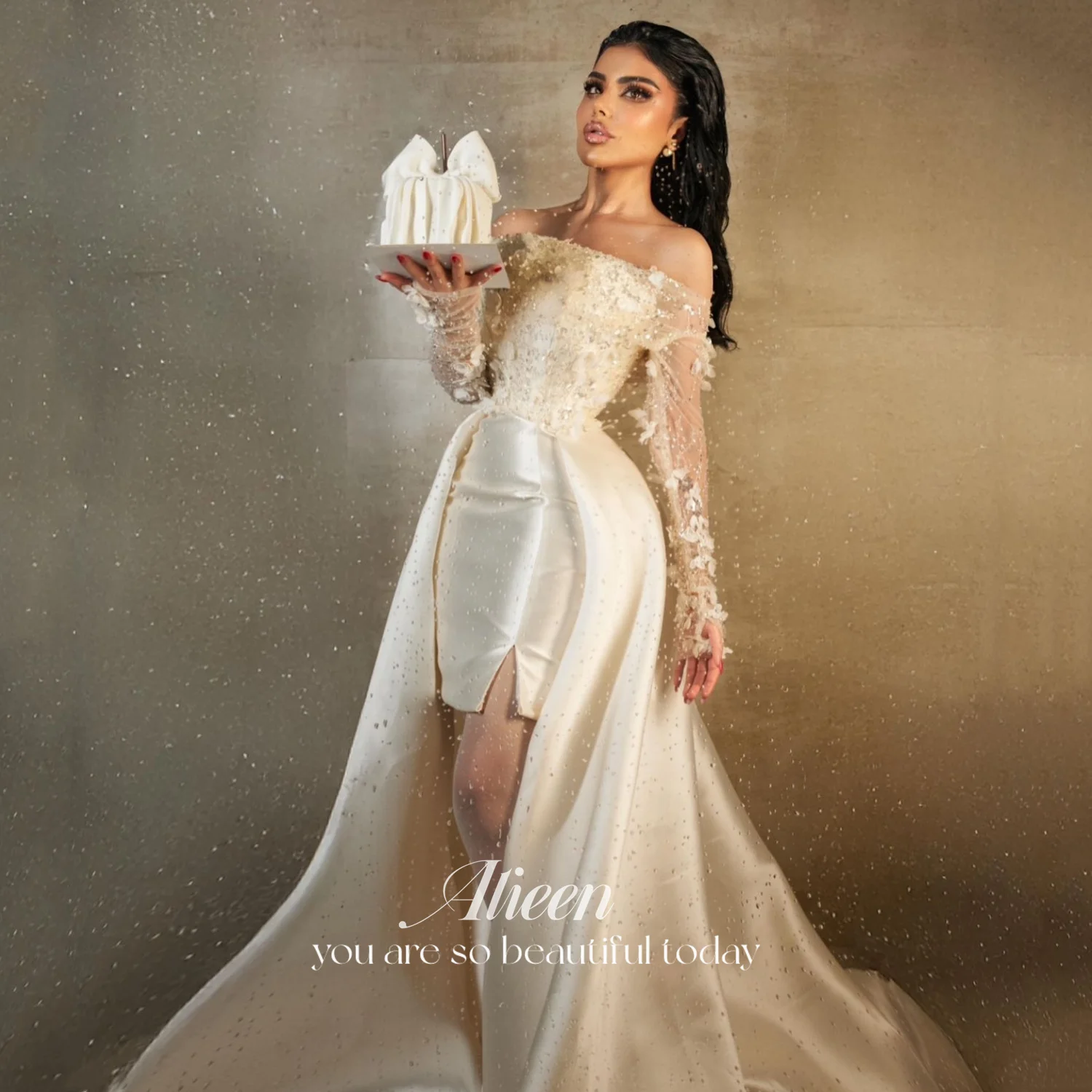 

Aileen White Tulle Off Shoulder Wedding Dress Hot Sale Long Sleeve A-Line Floor-Length Flowers Dress Customized