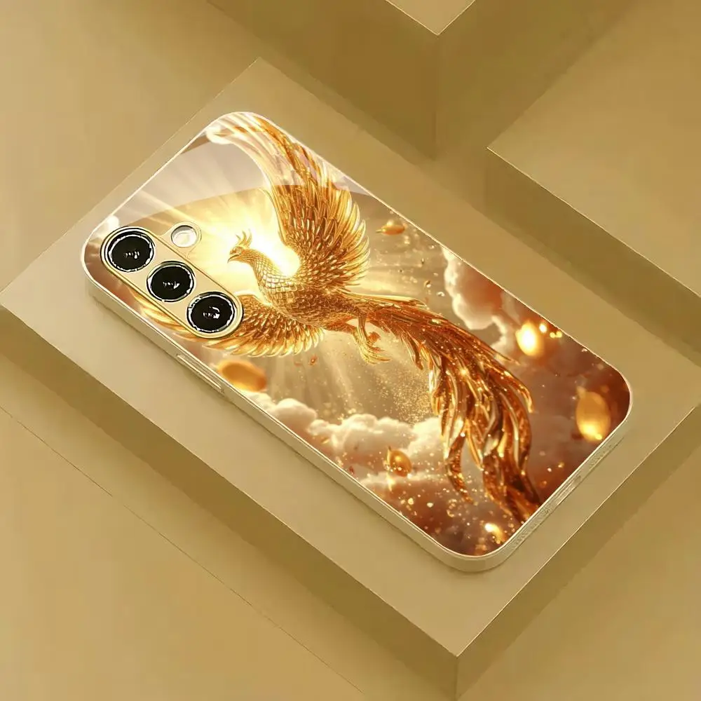 Fashionable Eagle Gold Plated Glass Phone Case Suitable for Samsung Galaxy S26 S25 S24 S22 S21 S20 FE/Ultra/Plus Anti Drop