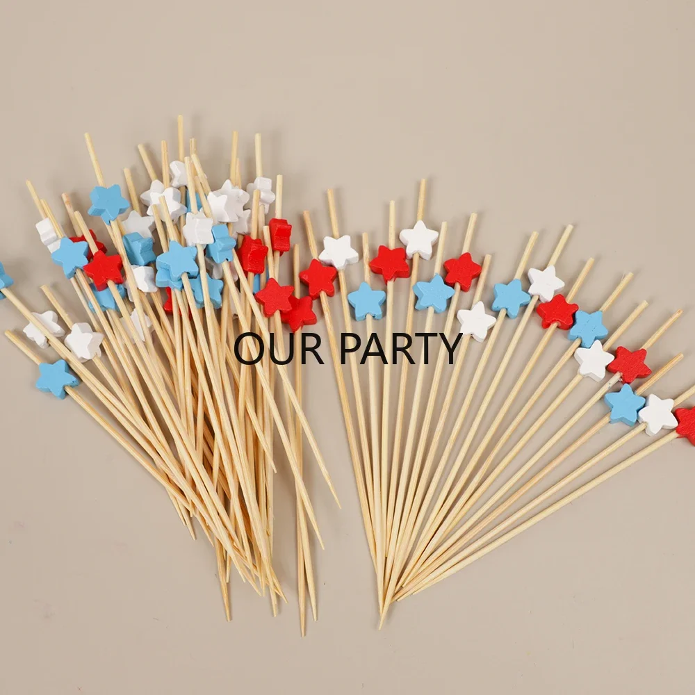 100Pc Colorful Star Disposable Bamboo Food Picks Independence Day Theme Dessert Fruit Forks for 4th of July Birthday Party Decor