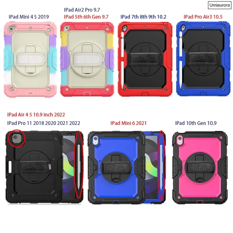 360 Rotation Shockproof Silicon Tablet Case for IPad 7th 8th 10.2 Mini Air 2 3 4 10.9 Case For IPad 5 6th 9.7 Pro 10.5 11” 2020