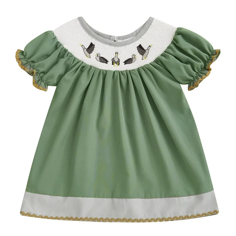 

Summer Boutique Toddler Girls Clothing Green Stretch Baby Dress With Flying Geese Pattern Embroidery