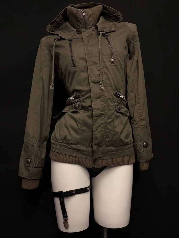 

Оригинальная коричневая куртка в стиле Y2K ретро, модная мотоциклетная одежда, верхняя одежда, женское приталенное пальто из смесового хлопка с защитой от легкого ветра