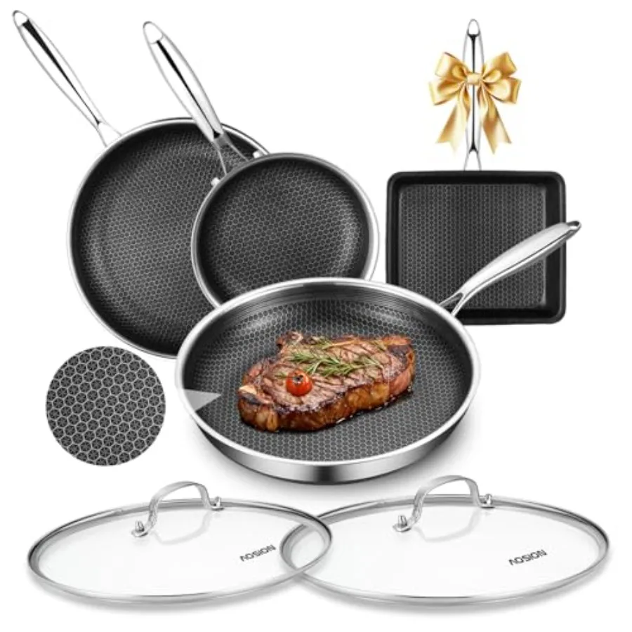 Antihaft-Hybrid-Edelstahl-Bratpfannen-Set mit Deckel 8+10+9+12 Zoll PFAS/PFOA-frei Induktionsgeeignetes Kochgeschirr-Set Schwarz