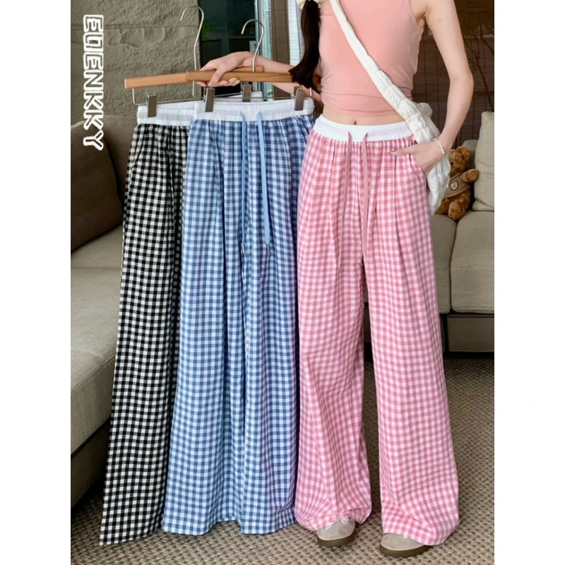 

Summer Thin Blue Lattice Pant Women Korean Quick Drying Straight Casual Pants Baggy Elastic Waist Wide Leg Trousers Female 2024