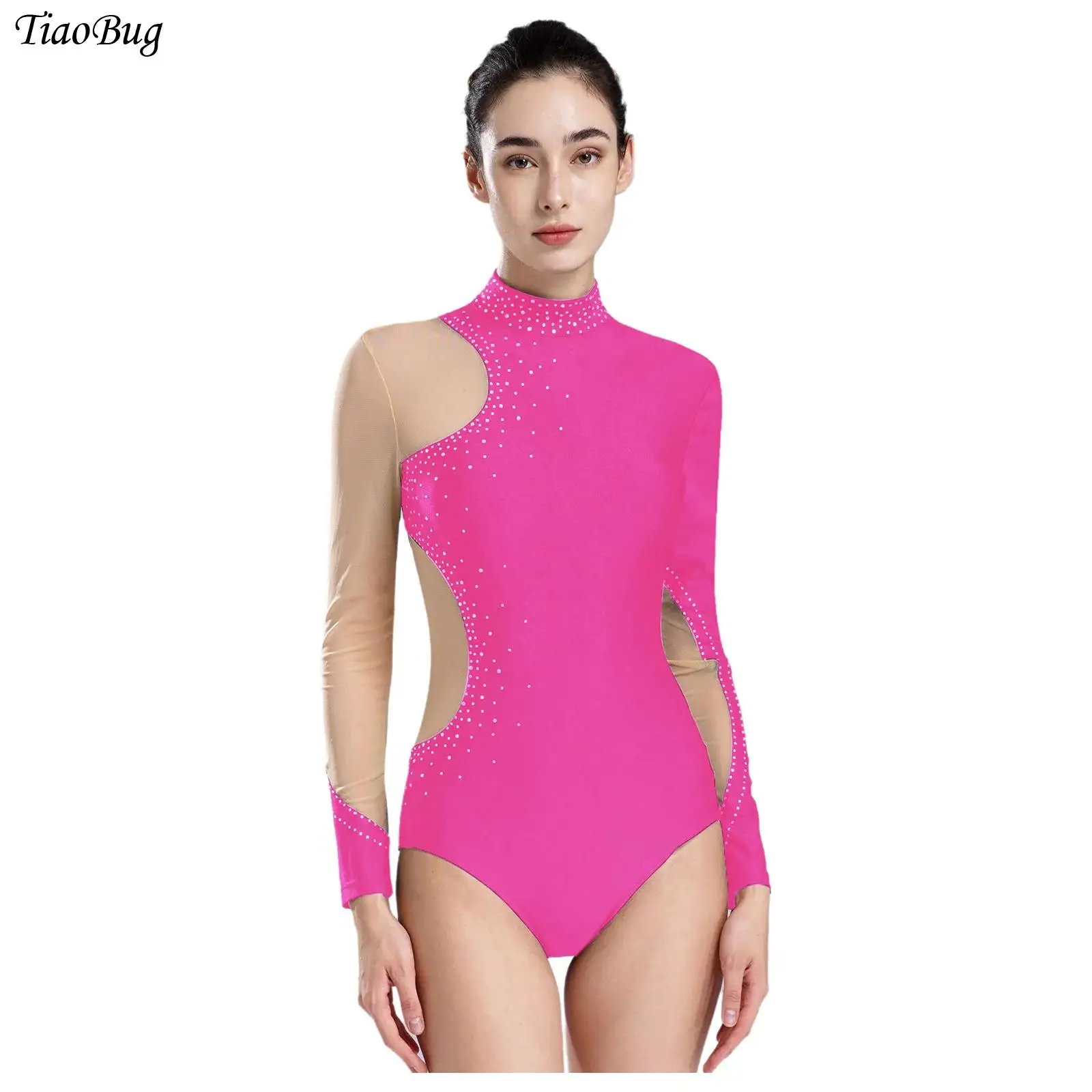 

Figure Skating Gymnastics Leotards for Women Long Sleeve Rhinestones Sheer Mesh Patchwork Bodysuit Ballet Dance Costume New 2024