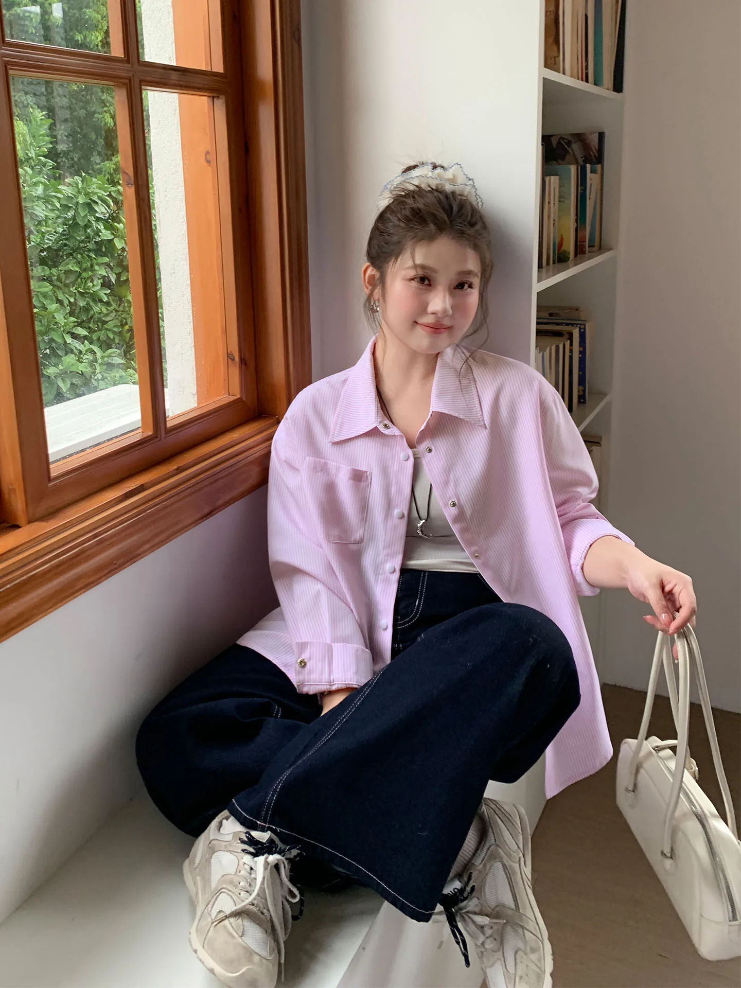 YUZI Fi Roe Poer Striped irt Jaet Cardigan ouvert ample amincissant pour femme, grande taille, style universitaire, Automne Hiver