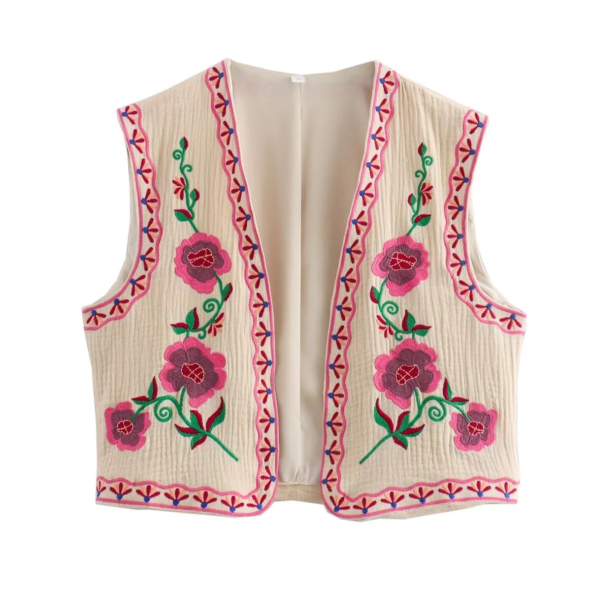 Floral Embroidery Print Vest Women Cropped Top Chic V Neck Sleeveless Cropped Cardigan 2024 Spring Summer Lady Elegant Waistcoat