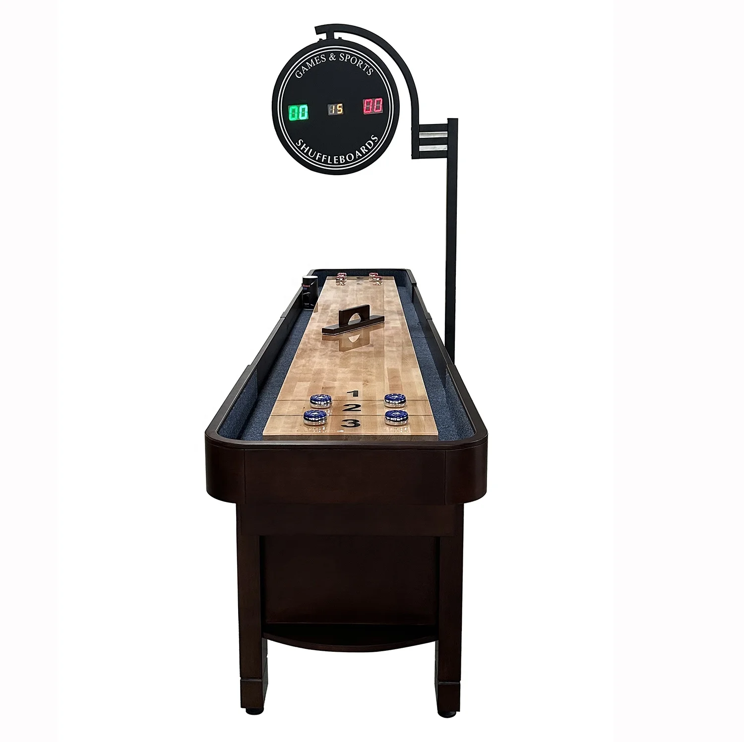 12 ft solid wood shuffleboard table with round electronic scorer board