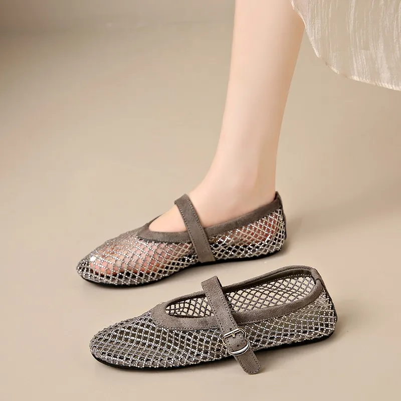 

Retro Mary Janes Women Ballets Mesh Buckle Strap Rhinestone Round Toe Shallow Flats Summer Ladies Shoes Handmade 2026