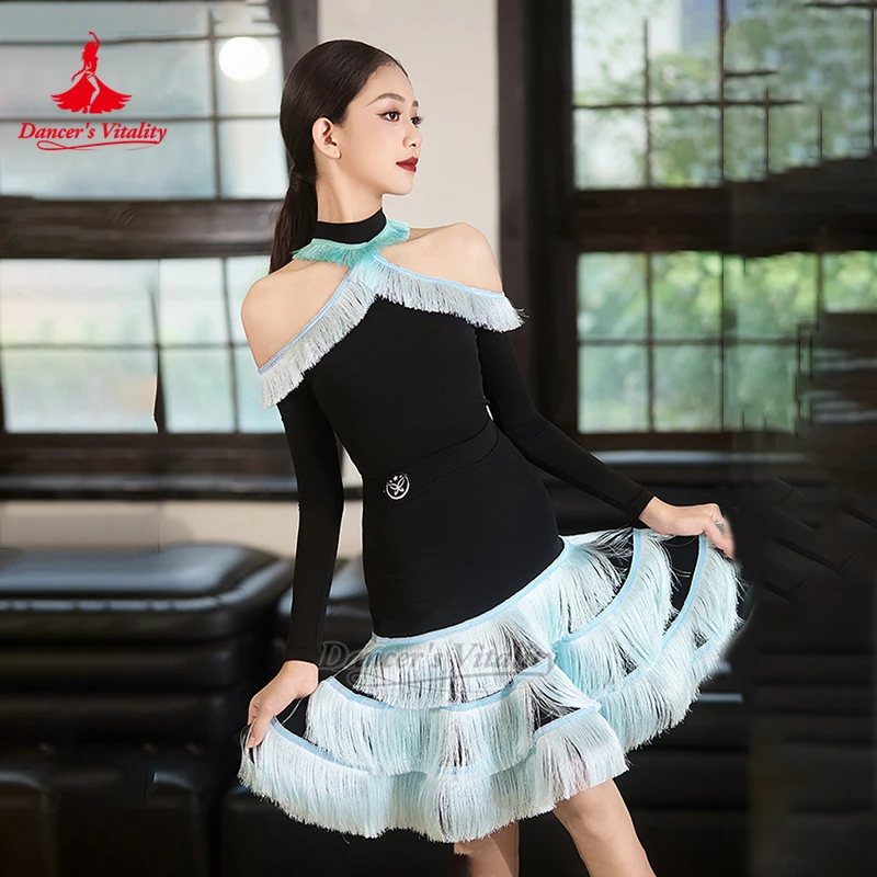 Girl's Mint Green Tassels Practise&Perform Latin Long Sleeves Dew Shoulder Dancing Fringed Skirt Child Clothe Dancer's Vitality