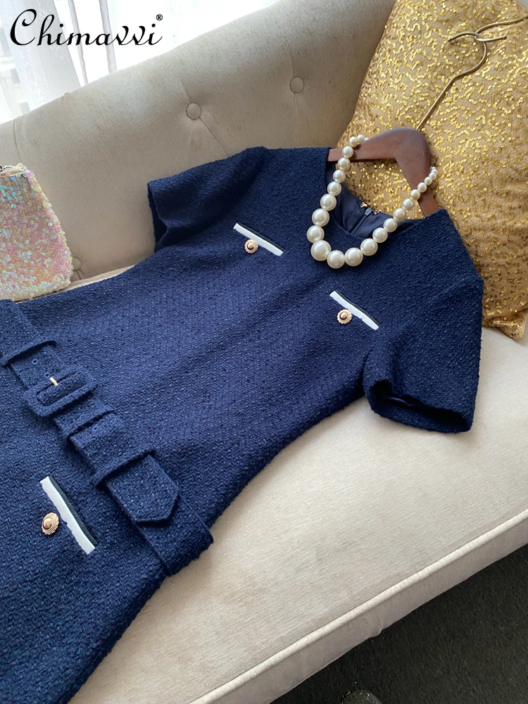 

Fashion Elegant Socialite French Tweed Dresses Round Neck Short Sleeve High Waist Belt Slim Party Short Dress for Women Autumn
