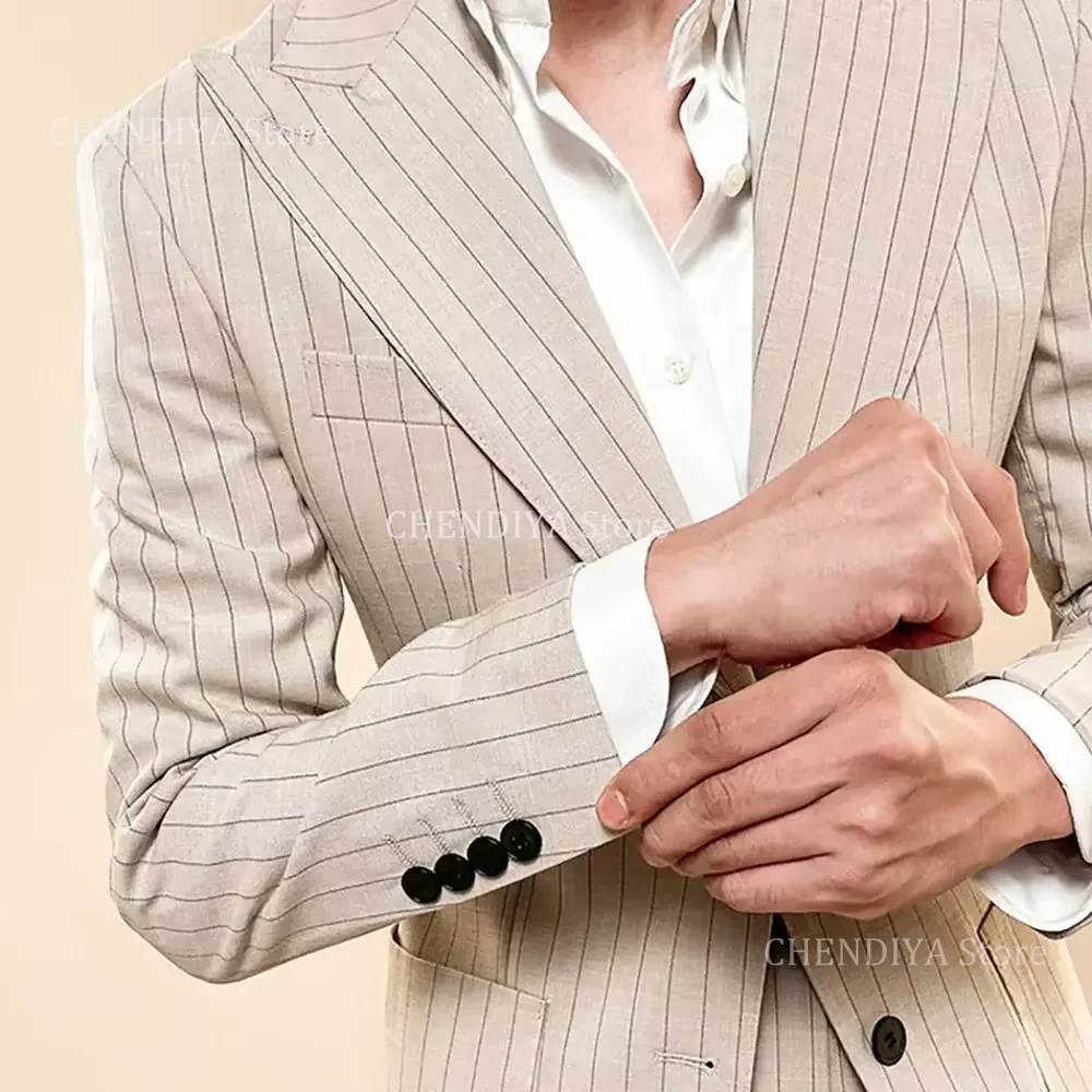 우아한 줄무늬 남성 정장 2 조각 패션 싱글 브레스트 피크 옷깃 의상 옴므 비즈니스 캐주얼 데일리 오피스 남성 자켓 바지