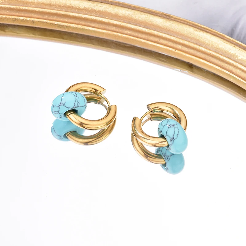 Women's Natural Stone Round Bead Hoop Earrings, Turquoise