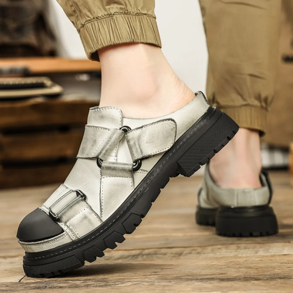 Luxury Genuine Leather Men's Boken Shoes Summer Casual Thick Sole Buckle Strap Baotou Sandals Half Slippers Anti slip Slip On