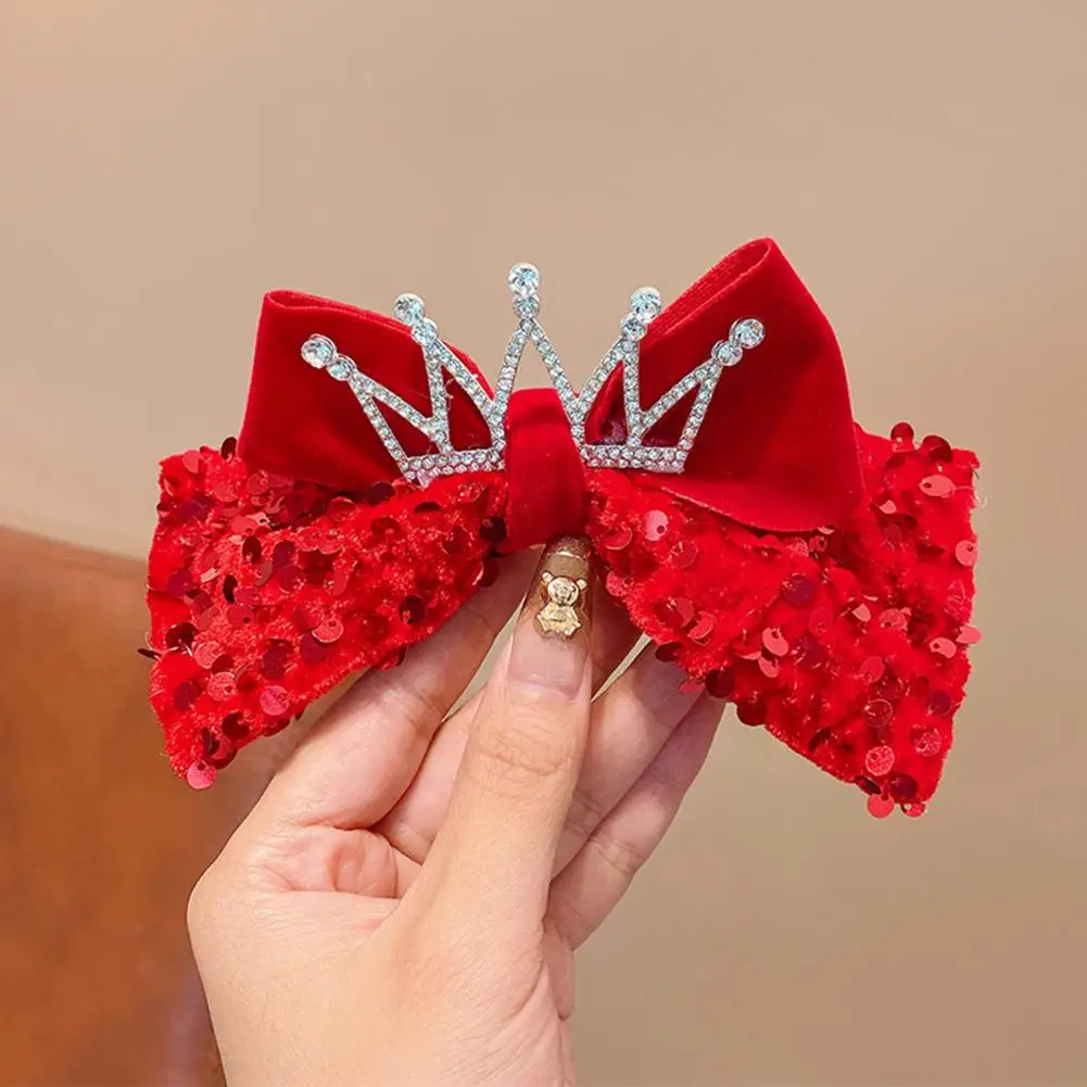 Hair Clip Attractive Crown Sequins Heart Shape Cloth New Year Bow-knot Hair Clip Birthday Gift