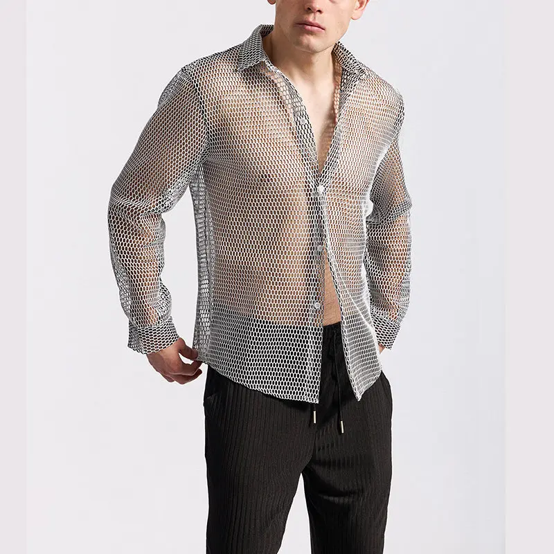 Men's See Through Mesh Club Shirt Long Sleeve, Sexy Cut Out Party Top, Elegant Evening Formal Shirts for Men Summer Clothing