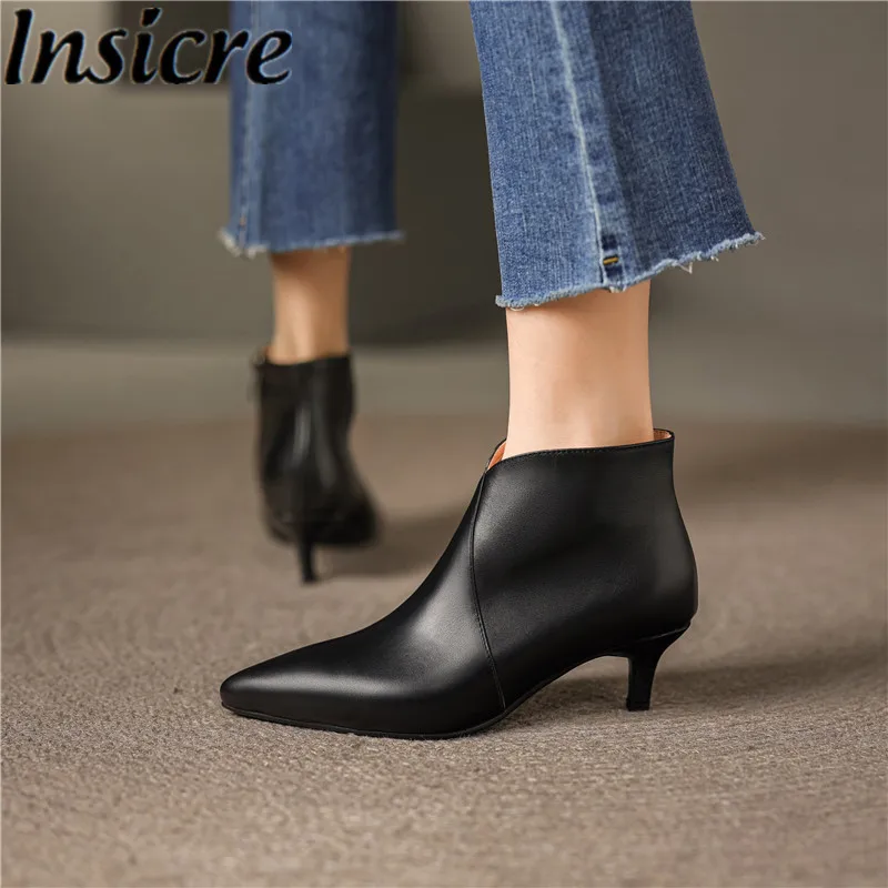 Insicre Full Genuine Leather Pointed Toe Low Thin Heels Black Women Ankle Boots 2024 Classics Autumn Shoes Zipper