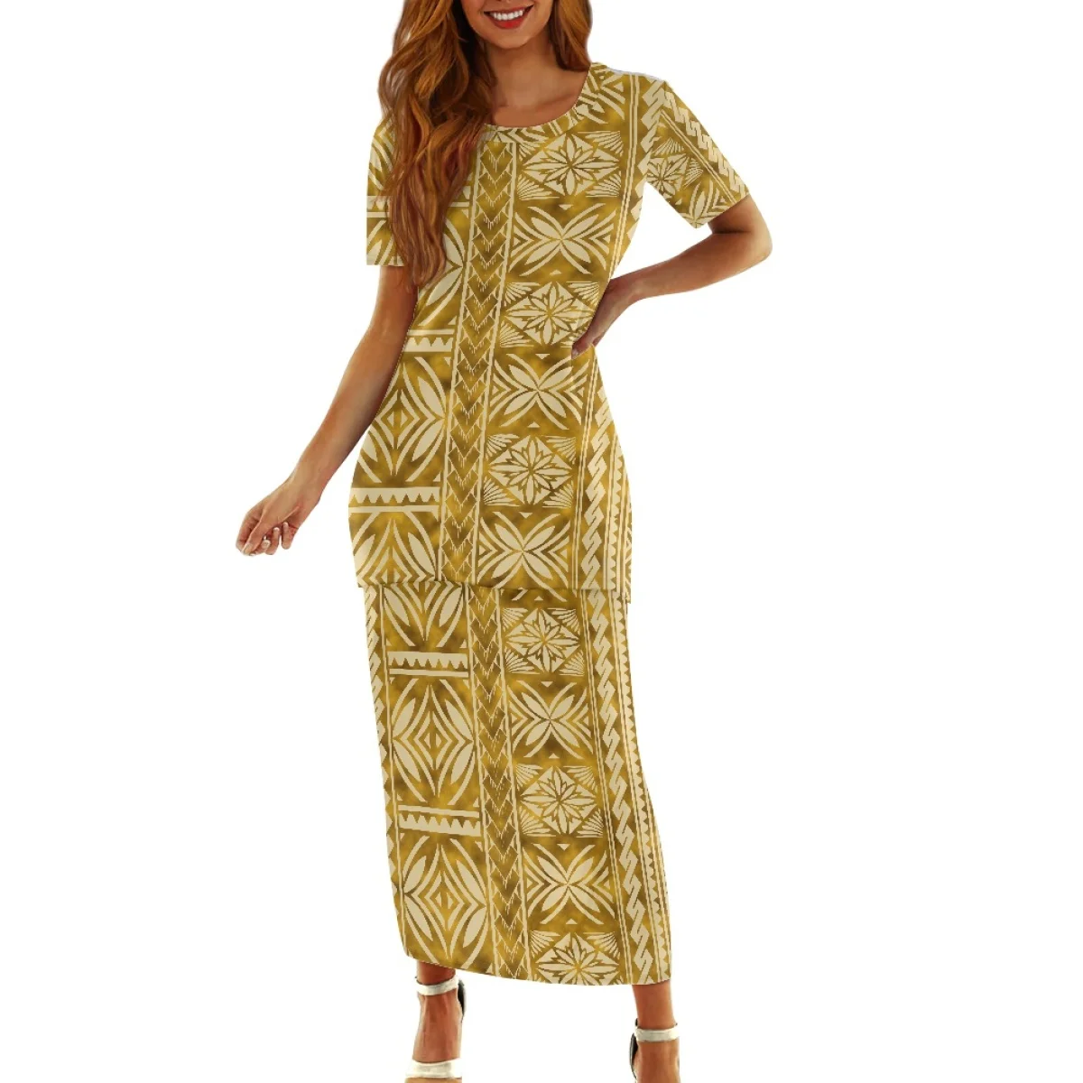 Robe polynésienne à manches courtes et col rond, robe samoane Puletasi, uniforme d'église personnalisé Putaha, robe longue pour femmes, ensemble 2 pièces