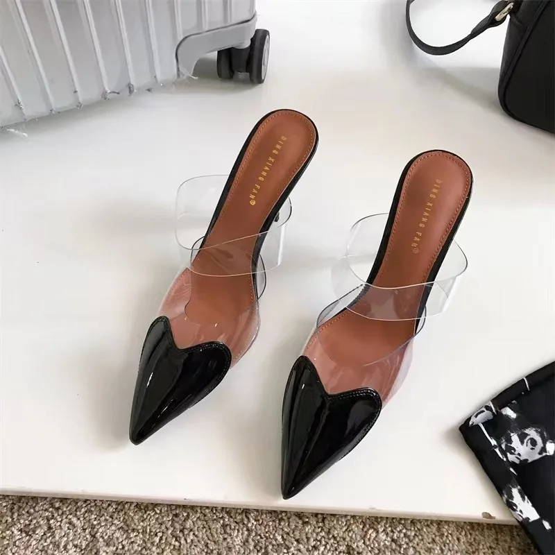 Women Patent Leather PVC Pumps Stiletto Sandals Pointed Toe Straps Heart Detailing At The Toes High Heel Slippers Wedding Shoes