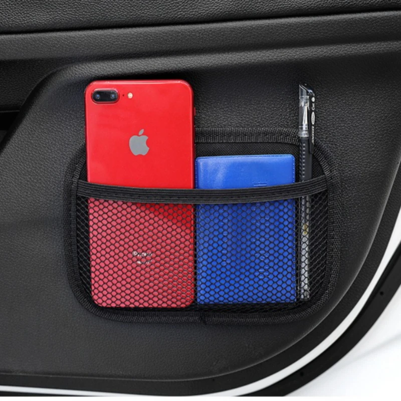Car Leather Mesh Bag Oxford Fabric Storage Net Bags Car Interior Organizer Phones Coins Keys Storage Auto Stowing Tidying Tools