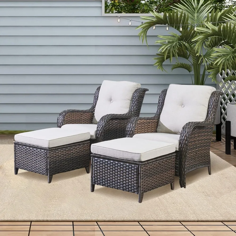 

Wicker Patio Furniture Set, 4 Piece Rattan Outdoor Patio Conversation Sets with 2 Wicker Chairs and 2 Wicker Ottomans