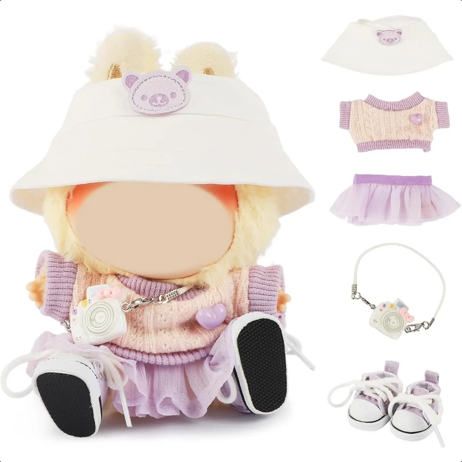 

5 Set 15 17cm Doll Clothes Dolls Outfit Accories for Girl with White Bucket Hat + Small Camera + Canvas Shoes No Doll (Purple)