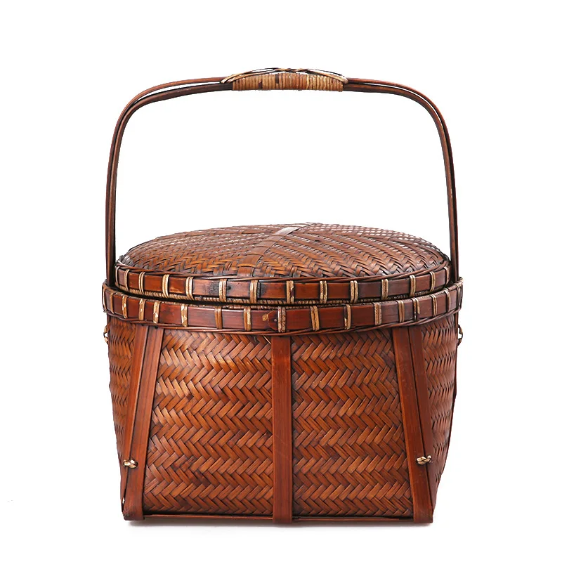 Bamboo Basket Bamboo Basket with Lid and Handle Food Container Vintage Handicrafts Bamboo Wood