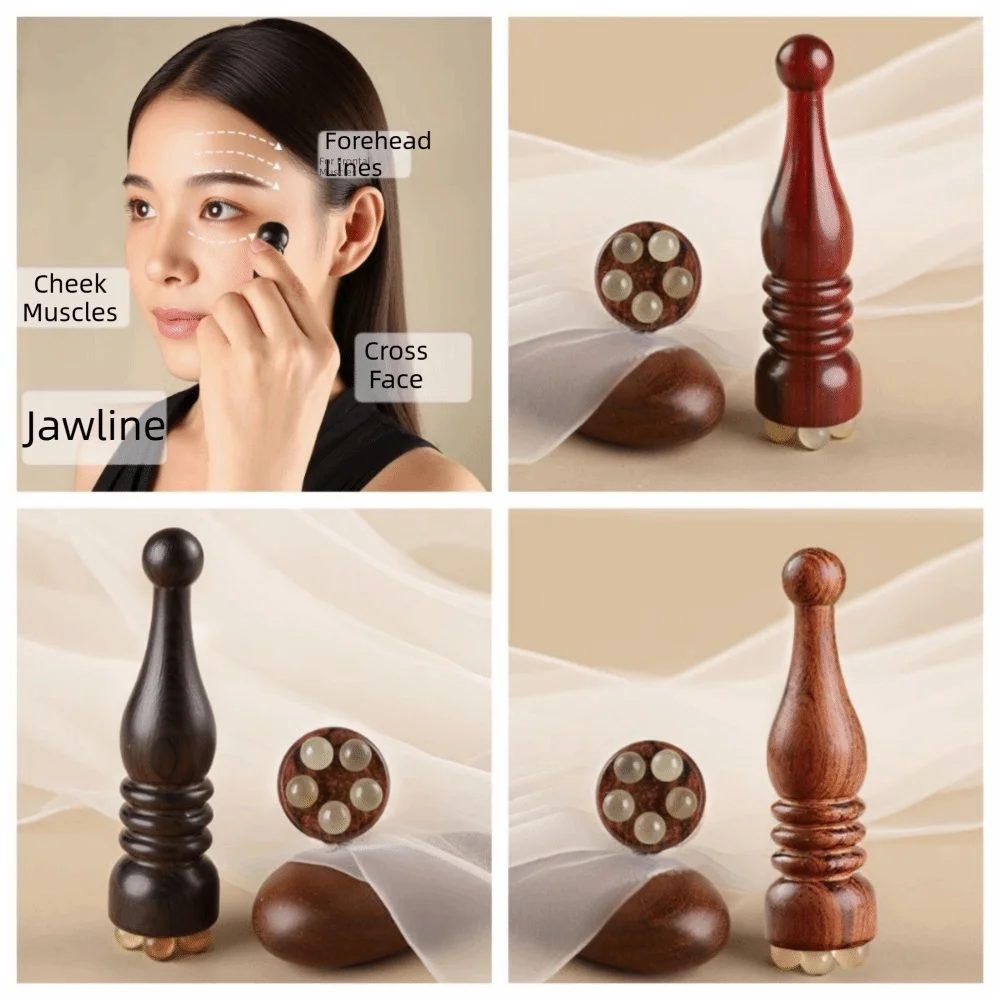 Sandalwood Eye Massage Stick Lotus Seedpod Shape Smooth Surface Gua Sha Massager Five Sheep Horn Beads Reduce Puffiness