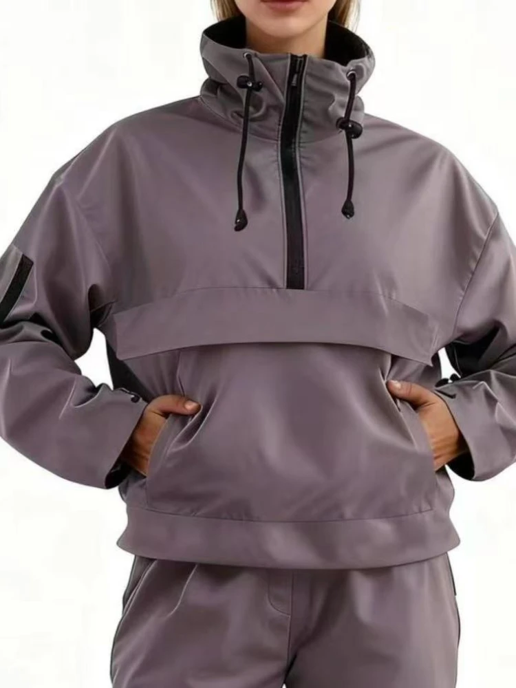 

Новинка осени, женская куртка-бомбер с длинным рукавом и капюшоном, пальто на молнии с завязками, повседневная простая верхняя одежда с накладными карманами и полуоткрытием