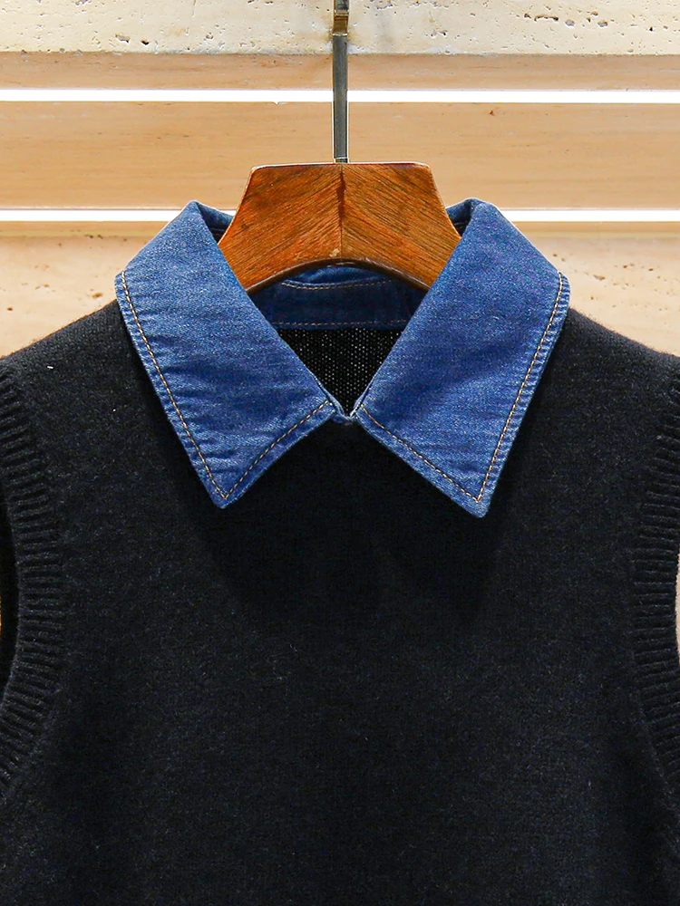 

French Sle Spliced Denim Knitted Vest Women's Top Soft Comfortable Button Detail Casual ort Svel Faion Autumn