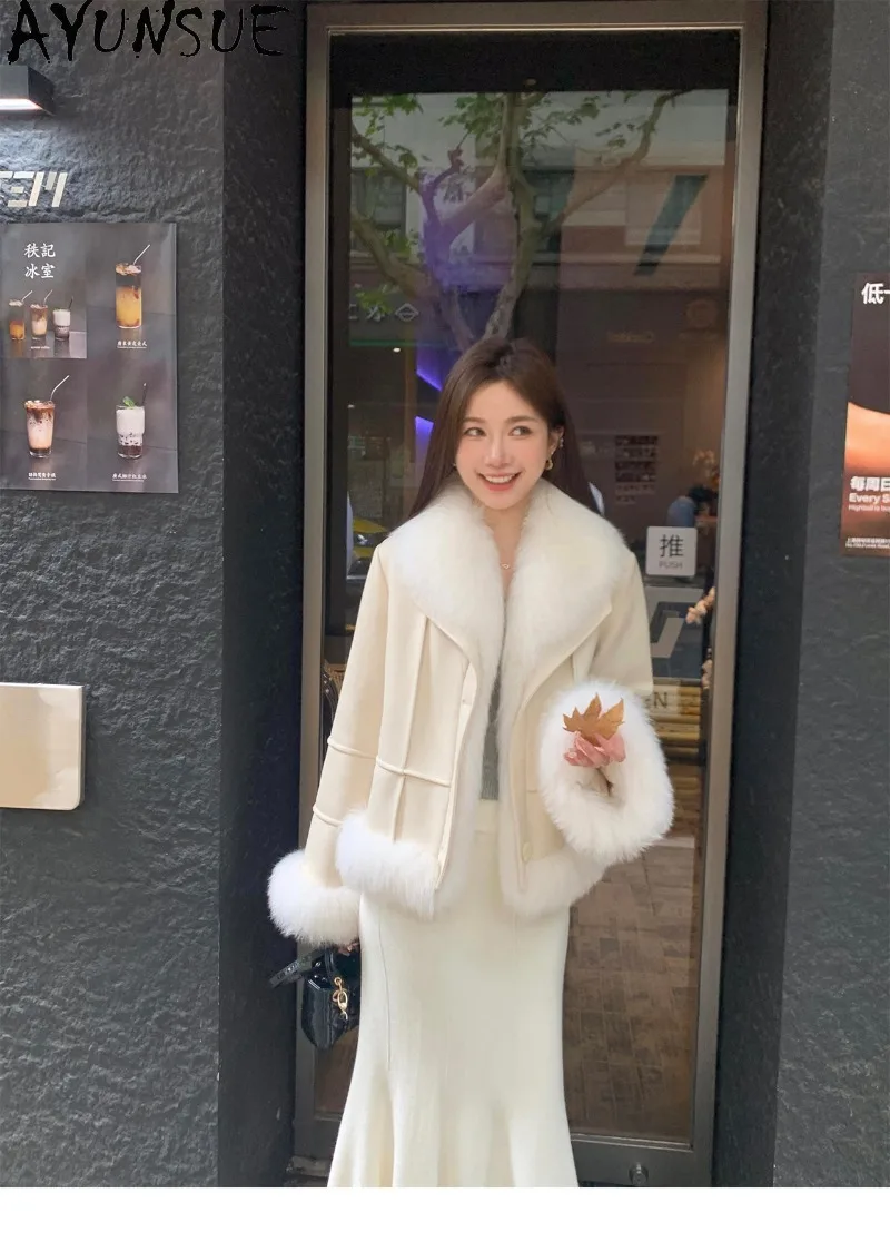 AYUNSUE Large Fox Fur Collar Faux Suede Fur Coat White Goose Down Liner Female Winter Clothing Short Length Down Jacket Women