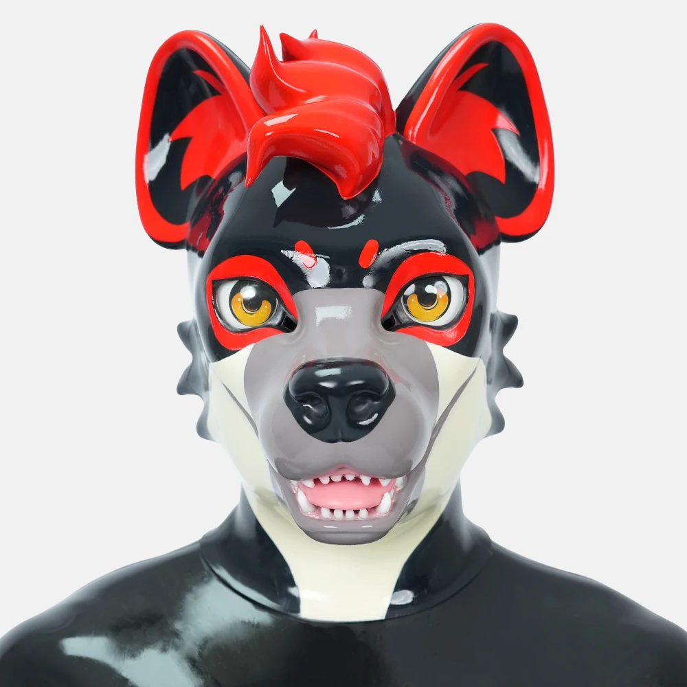 Furrjoi Silicone Hyena Hood Full Head Mask for Cosplay Costumes Realistic Dog Masken with Colorful Eyes Puppy Halloween Play