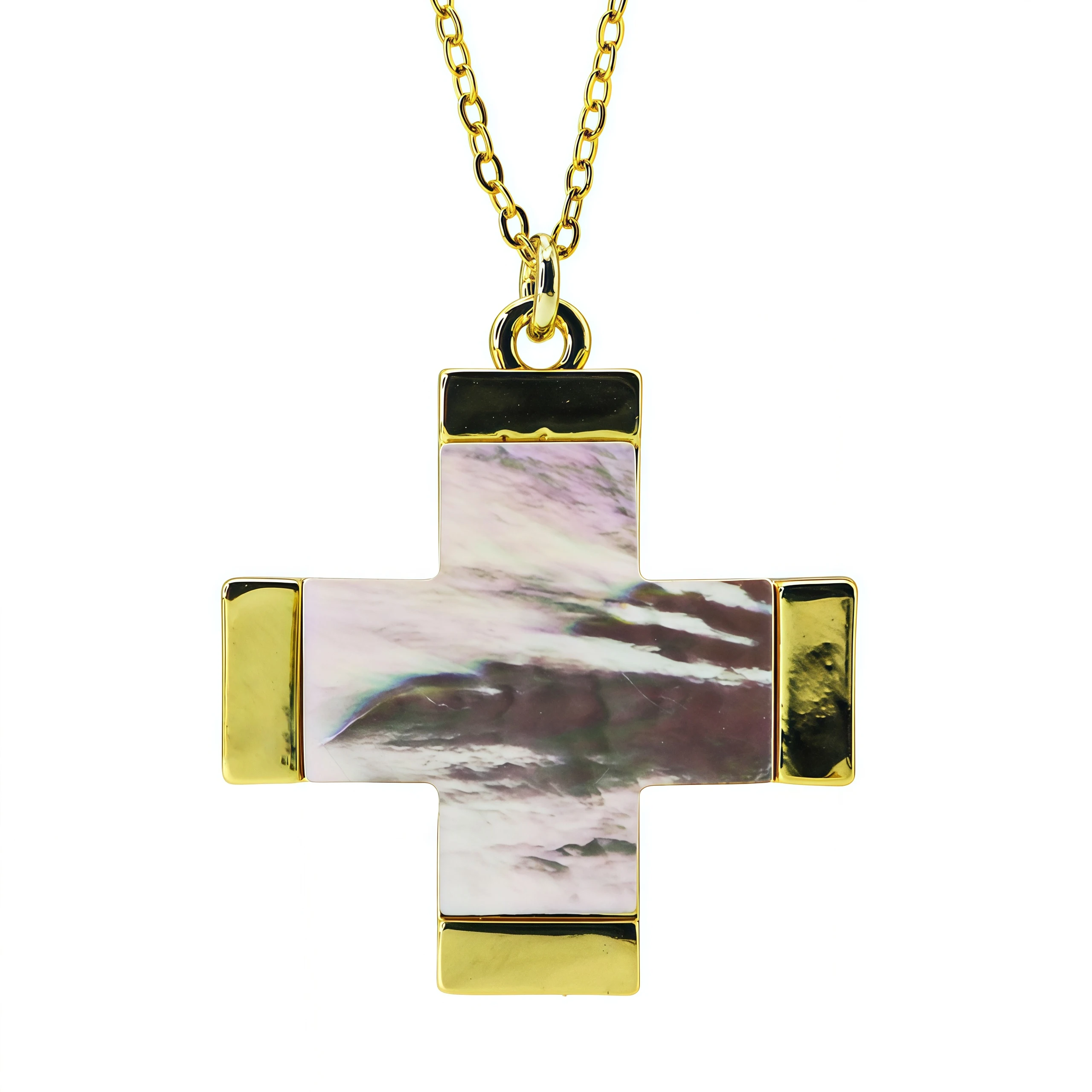 Gold Plated Abalone Shell Cross Pendant Necklace, Christian Religious Faith Jewelry for Women, Elegant Daily Wear