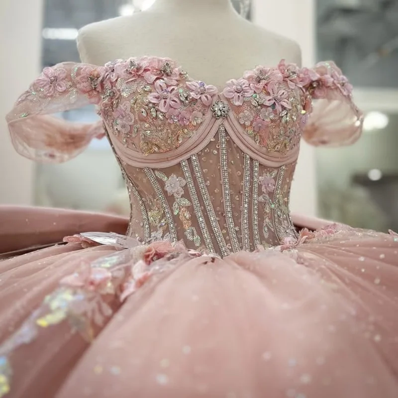 

Shiny Pink Quinceanera Dress off-shoulder Lace ruffle glitter flower decal Long tail Bow vestidos de 15 Quinceanera ﻿Customize