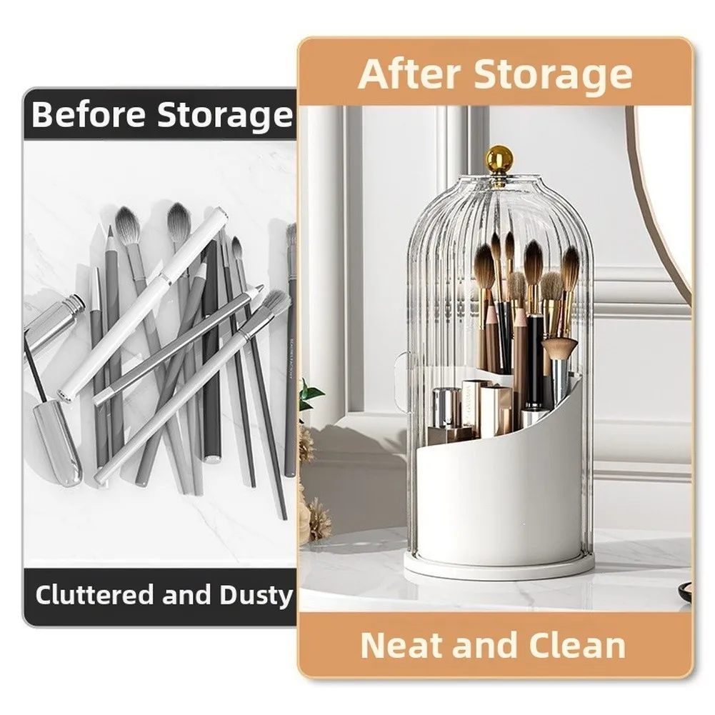 White Rotating Toothbrush Holder with Sealed Cover 3 Compartment Design for Toothbrush Toothpaste and Makeup Brushes