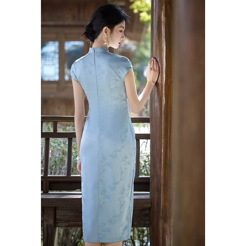 2025 Spring/Summer New Blue Printed Cheongsam Dress Short Sleeve Long Improved Girl Double Layer Qipao