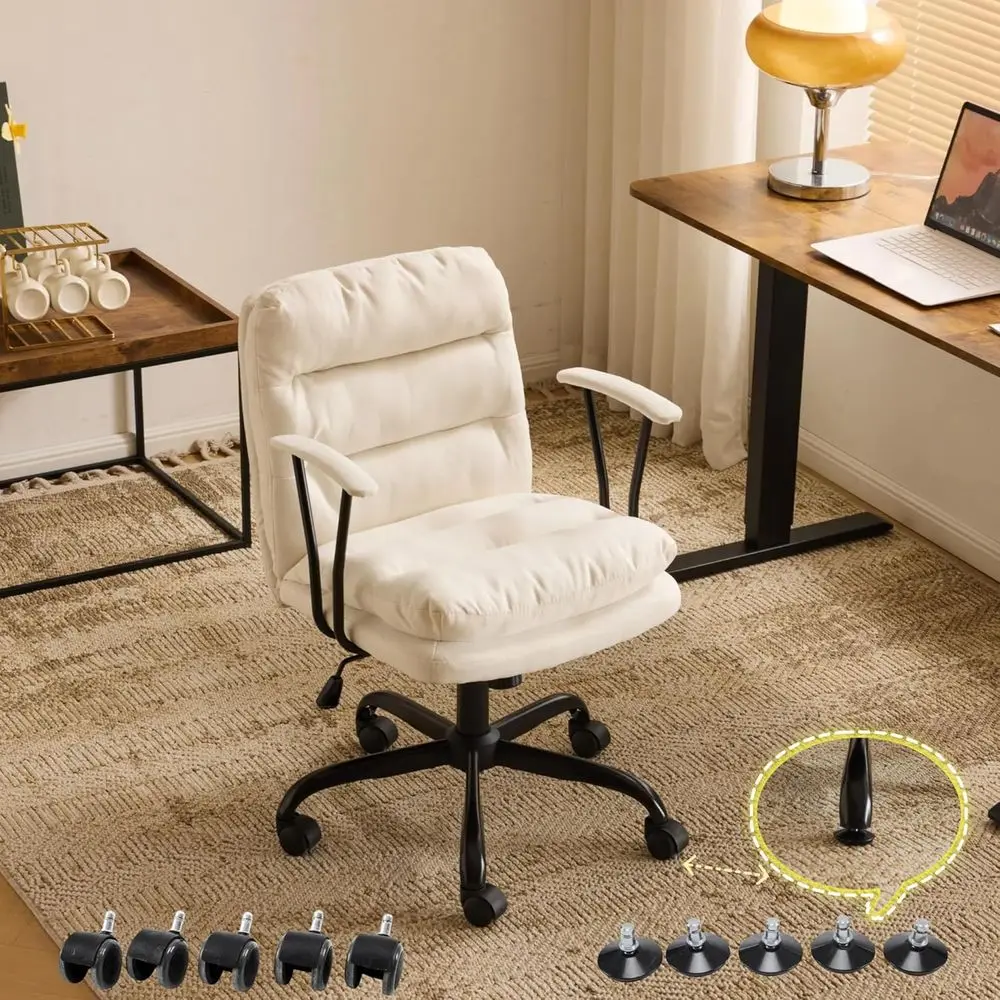 Padded White Desk Chair No Wheels Dual-Base Removable Armrests Adjustable Comfy Rolling Swivel Computer Task Nail Tech Chair or