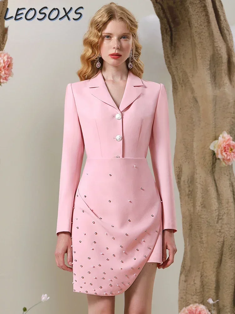 Elegant Fake Two Pieces Pink Suit Dress Female 2023 Autumn and Winter New Elegant Beaded Commuter Suit Balzer Dress for Women