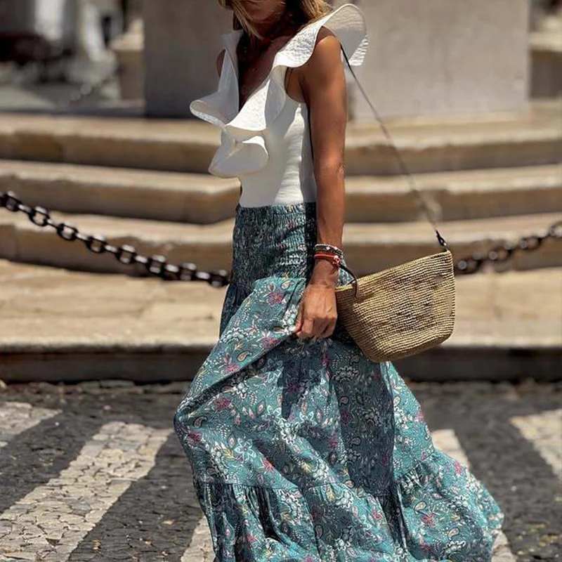 

Новая летняя элегантная полуюбка с цветочным принтом, женская модная длинная юбка с эластичной резинкой на талии, весенняя повседневная свободная богемная юбка