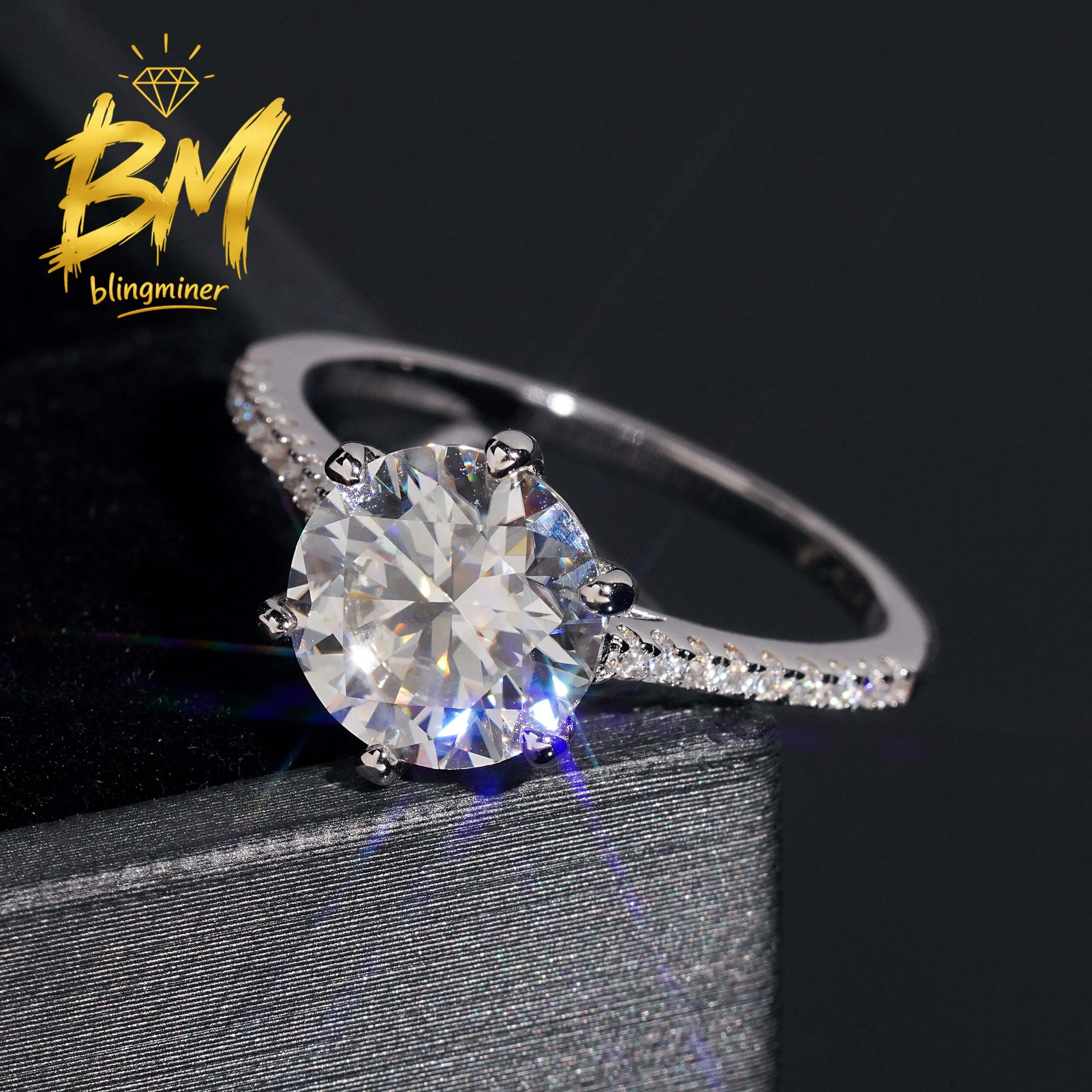Blingminer 3ct Brilliant Round Cut  S925 Silver VVS Moissanite Rings Engagement Wedding Women Finger Jewelry Pass Diamonds GRA