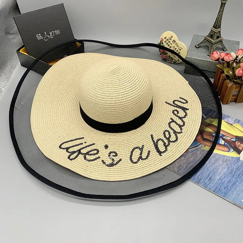 Summer Warp Knitted Satin In Stock Female Sequined Letters Big Brim  Sun Protection Dome Wide Brim Hat Lightweight