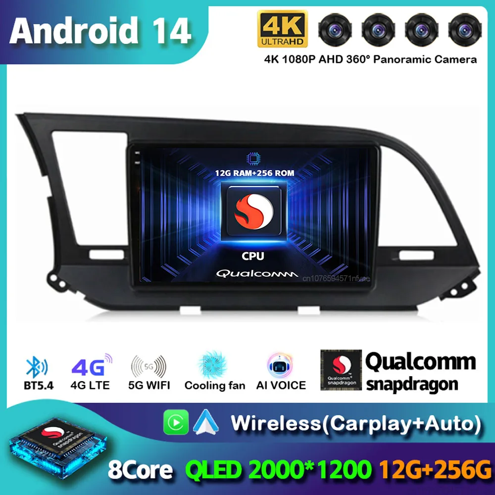 

Android 14 Carplay Auto For Hyundai Elantra 6 2015 2016 2017 2018 Car Radio DPS GPS Navigaion Multimidia Video Player 360 Camera