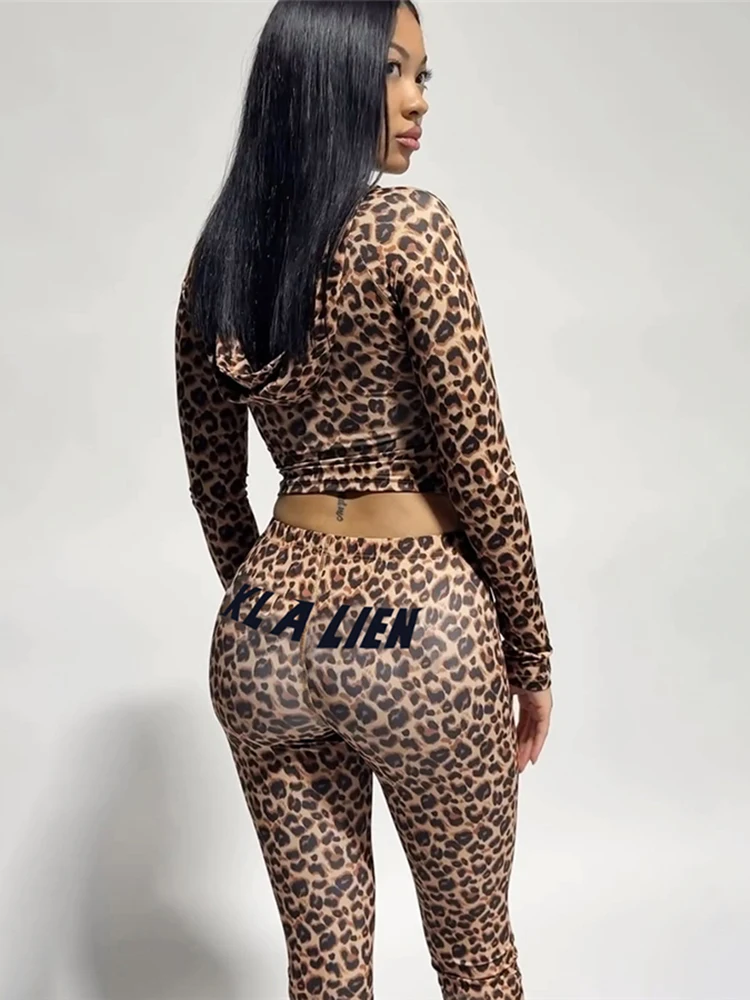 SiSterlinda Hooded 2 Piece Set Women Letter Leopard Zip Jacket+Flare Pants Casual Matching Stretch Sporty Streetwear Tracksuit
