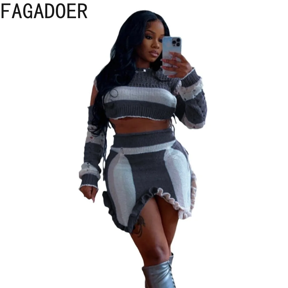 FAGADOER Fashion Irregular Splicing Ruffle Design Knitted Two Piece Sets Women O Neck Long Sleeve Crop Top + Mini Skirts Outfits