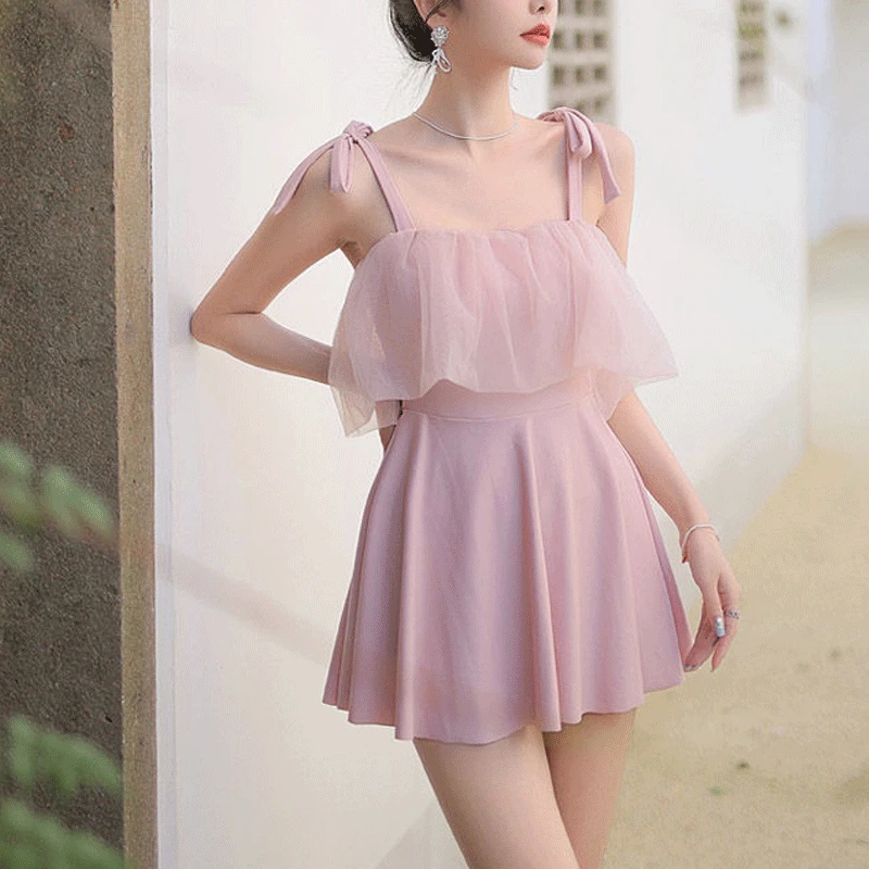 2023 Summer Korean New One Piece Sexy Solid Color Swimming Dress Conservative Open Back Sling Elegant Beach Swimwear Bathwear